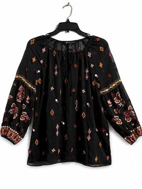 INC International Concepts Women Black Tassel Floral Embroidered Blouse
